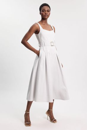 Karen Millen Womens Premium Cotton Tailored Fabric Belted Buckle Midi Dress - Grey - Size 10 UK