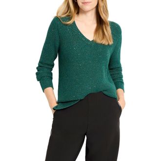 Nic+Zoe Shimmer V-Neck Waffle Stitch Sweater in Pine at Nordstrom Rack, Size Petite P