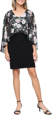 S.L. Fashions Floral Print Metallic Cape Matte Jersey Cocktail Dress in Black Multi at Nordstrom, Size 16