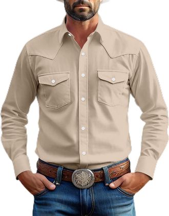 Generic Mens Two Pocket Long Sleeve Button Work Shirt Vintage Solid Color Lapel Shirt Slim Fit Mens Casual Shirts Cowboy Cut Western Style Khaki