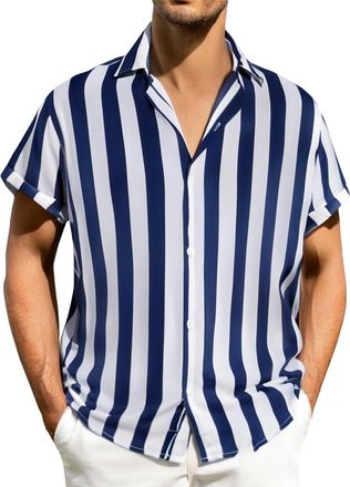 Generic Shirts for Men Short Sleeve Striped Shirt Loose Fit Hawaiian T-Shirt Button Down Tops Business Office Work Blosues Camisa De Algodon para Hombre(Dark 
