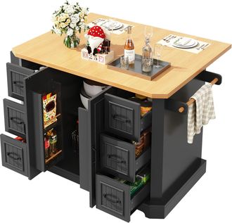 STILVORA Carrito De Cocina Con 2 Puertas Y 6 Cajones Con Ruedas, En Mdf Y Metal, Para Cocina, 120x45x91 Cm, Negro