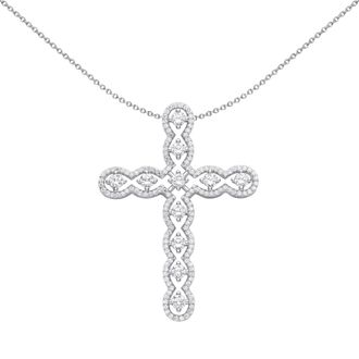 Jewelco London Silver CZ Scallop Edge Wavy Cross Pendant Necklace 18 inch