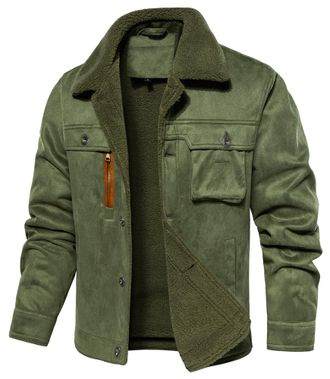 Feoya Mens Winter Jacket Sherpa Fleece Lined Trucker Jacket Faux Seude Warm Cargo Coats with Pockets Lapel Collar Military Combat Casual Windbreaker Army Gr