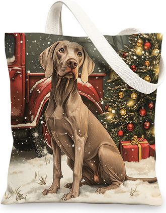 Generic Christmas Weimaraner Dog Canvas Tote Bag for Shopping 13x15, Winter Xmas Truck Puppy Reusable Grocery Print Pattern Bag for Women Men, Happy New Year 