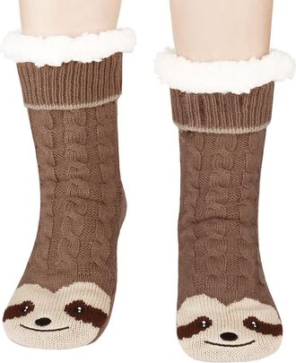 Generic Sloth Socks Animal Socks Fluffy Socks for Women Teenagers Sherpa Lined Animal Slipper Socks with Non Slip Grip Pads One Size - Gifts for Women
