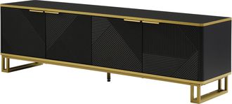 STILVORA Mueble De Tv Con 4 Puertas Y Nichos Abiertos, Textura Geom&eacute;trica Negro Y Dorado, Sal&oacute;n, En Mdf, 160&times;37,5&times;48 Cm, Negro