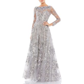 Mac Duggal Floral Rhinestone Embroidered Sweetheart Illusion Long Sleeve Gown in Sterling at Nordstrom, Size 16
