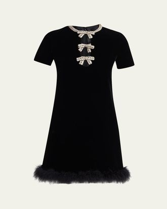 Valentino Garavani Crystal Bow Velvet Mini Dress With Feather Trim