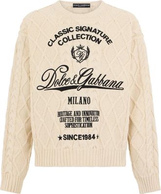 Dolce & Gabbana Sweater van katoenmix met opschriften - Heren - Ronde hals truien - Beige - L - Katoen - Truien & Vesten