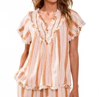 Tribal Textured Linen V-Neck Top In Sahara Beige