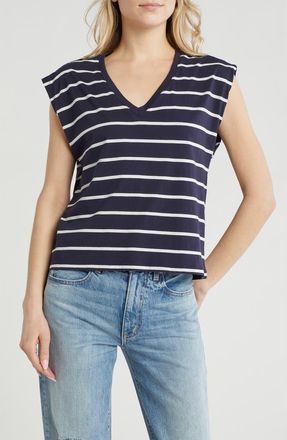 Nordstrom V-Neck Pima Cotton T-Shirt in Navy Night- Ivory Dex Stripe at Nordstrom Rack, Size X-Small