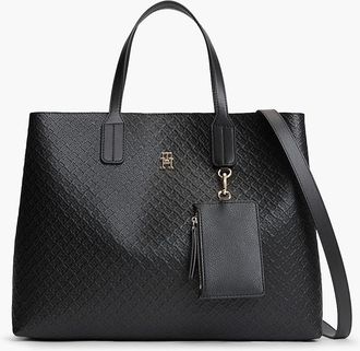 Tommy Hilfiger Womens Allover Debossed Monogram Satchel Bag - Black