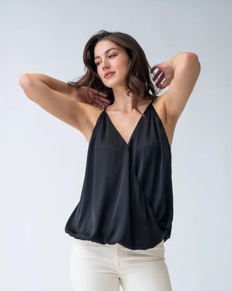 Adrienne Landau Top Womens Black Iris Faux Wrap Sleeveless V-Neck FTS1333