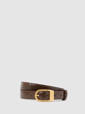 Reiss Chocolate Leather Curved-buckle Belt, XS