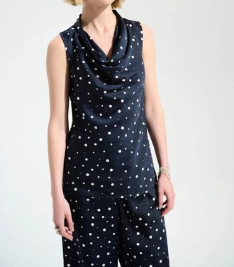 Joseph Ribkoff Polka Dot Cowl Neck Sleeveless Satin Top In Midnight Blue/vanilla