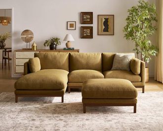 Castlery Owen Left Chaise Sectional Couch with Ottoman, Basketweave Caramel, Walnut Leg for Sofas, Brown, Castlery