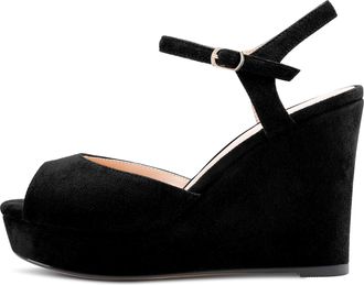 Castamere Women Chunky Block High Wedge Platform Heel Peep Open Toe Ankle Strap Sandals Slingback Buckle Classic 10 CM Heels Black Suede 6.5 UK