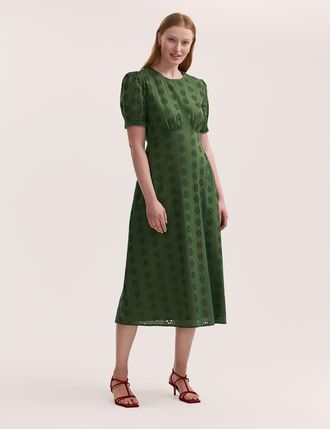 Finery Mela Cotton Midi Tea Dress in Khaki at Nordstrom, Size 12