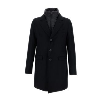 Herno Tweekleurige Jas van Scheerwol Twill met Afneembare Ultralichte Sluiting - Heren - Mantel - Zwart - L - Wol - Jassen