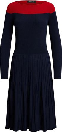 Ralph Lauren Marineblauwe Tweekleurige Pointelle Gebreide Jurk - Dames - Kleedjes - Blauw - XL - Kleedjes