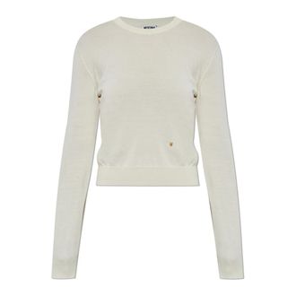 Moschino Trui met logo - Dames - Ronde hals truien - Beige - M - Wol - Truien & Vesten