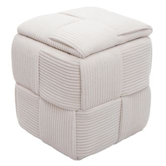 Hhg [non Utilizzato] Pouf Hhg-936, Poggiapiedi Ottomano, Imbottito, Vano Portaoggetti, Tessuto A Coste (260 G/m&sup2;) 43x40x40 Cm, Avorio