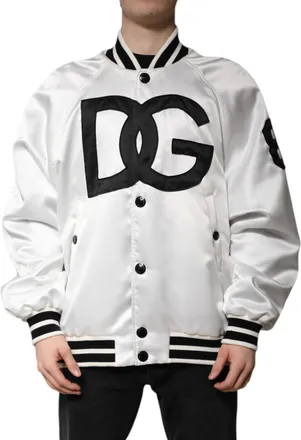 Dolce & Gabbana Mens White Dg Logo Polyester Jersey Bomber Jacket Clothing