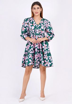 Leota Zariah Empire Waist Mini Dress Dancing Daisies Evergreen