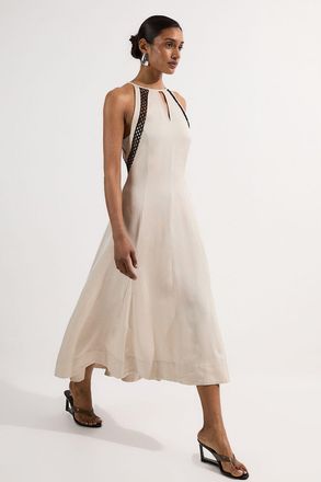 Karen Millen Womens Viscose Linen Woven Halterneck Midi Dress With Lace Trim - Beige - Size 14 UK