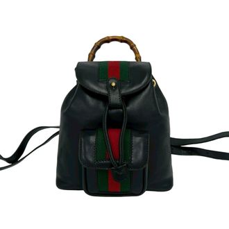 Gucci Black Green Red Color Leather Bamboo Backpack (Pre-Owned)