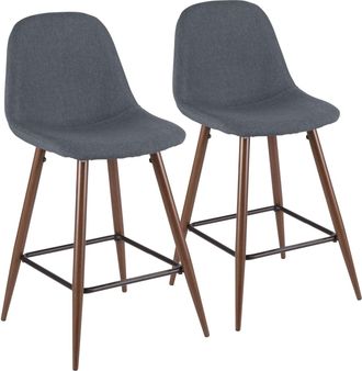 pebble Mid-Century Modern Counter Stool in Walnut and Blue - Set of 2