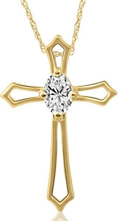 Pompeii3 1/3 ct Oval Diamond Cross Solitaire Pendant Yellow Gold Necklace (1 tall)