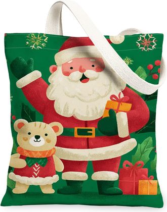 Generic Christmas Santa Canvas Tote Bags, Festive Design Reusable Grocery Bags, Vintage Lightweight Washable Canvas for Travel Picn, Green, 13x15 Inch