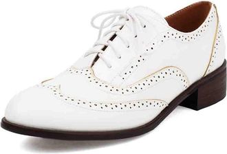 Generic Womens Multicolor Oxford Brogue Shoes Retro Wingtip Lace-Up Design with Chunky Low Heel PU Leather Round Toe Classic British Style Everyday Oxfords,Wh