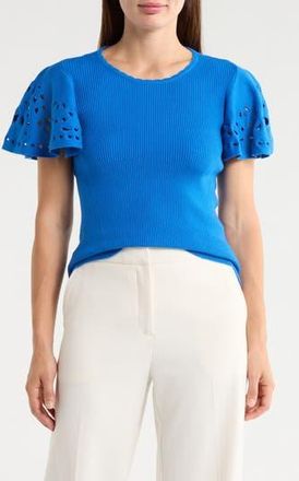 T Tahari Embroidered Eyelet Short Sleeve Sweater in Blue Bliss at Nordstrom Rack, Size X-Small