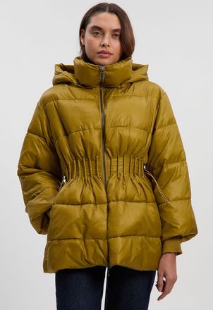 Karen Millen Womens Quilted Drawstring Waist Hooded Rib Cuff Puffer Jacket - Yellow - Size 14 UK