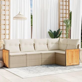 vidaXL Juego De Sof&aacute;s Jard&iacute;n Con Cojines 5 Pzas Rat&aacute;n Sint&eacute;tico Beige Vidaxl