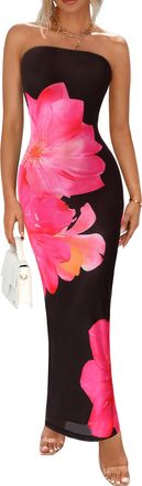 PrettyGarden Women Summer Strapless Maxi Dress Bodycon Floral Sexy Long Wedding Guest Dress Formal Tube Mesh Cocktail Dresses, Black Pink Flower, XS