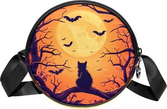 Generic Circle Crossbody Bag for Women, Black Cat Tree Moon Small Sling Bag Daypack with Zipper Adjustable Shoulder Straps Casual Ladies Girls Round Purse