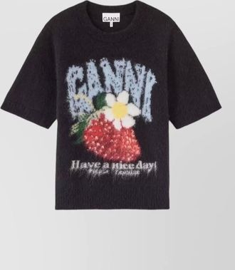Ganni alpaca wool-blend ribbed short-sleeve strawberry intarsia sweater