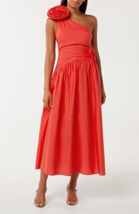 Ever New Josefina One-Shoulder Poplin Midi Dress in Flame Scarlet at Nordstrom, Size 8