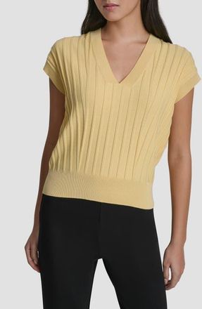 DKNY Rib Short Sleeve Sweater in Buttercream at Nordstrom, Size X-Small