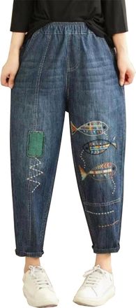 Generic Harem Trousers for Women UK,Womens Casual Artistic Embroidered Jeans Elastic High Waisted Pull On Baggy Cropped Pants Ladies Loose Wide Leg Harem Deni