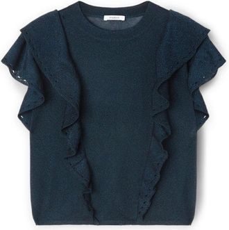 Motivi Lurex Pullover met Ruffles - Dames - Ronde hals truien - Blauw - XS - Polyester - Truien & Vesten