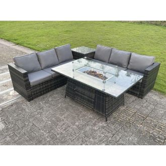 Fimous Outdoor Rattan Garden Corner Furniture Gas Fire Pit Table Dining Sets Gas Heater Burner Lounge Dark Grey 6 Seater - Fimous