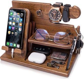 OEM Regalo Para Hombres: Organizador De Escritorio De Madera Con Soporte Para Tel&eacute;fono Y Reloj, Base De Carga, Soporte Para Reloj, Idea De Regalo Para El 