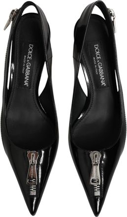 Dolce & Gabbana Womens Black Zipper Leather Heels Slingbacks Shoes 100lf