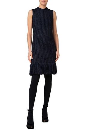 Akris Fringe Tweed Sleeveless Dress in Navy at Nordstrom, Size 2