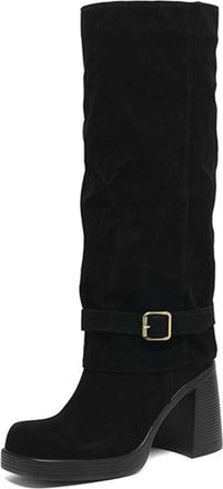 Generic Womens Fold Over Slouchy Knee High Boots Buckle Strap Chunky High Heels Square Toe Pull On Wide Calf Motorcycle Shoes (Black,7.5)